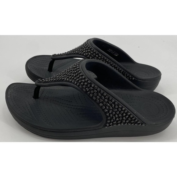 Crocs sloane embellished women's 7 black thong flip flop bling Slide Detail - Picture 3 of 5
